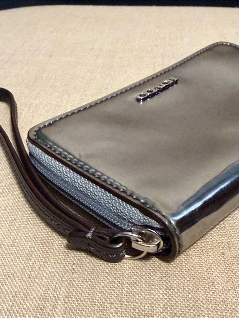 Coach Iridescent Metallic Wristlet in Silver-Blue Sheen